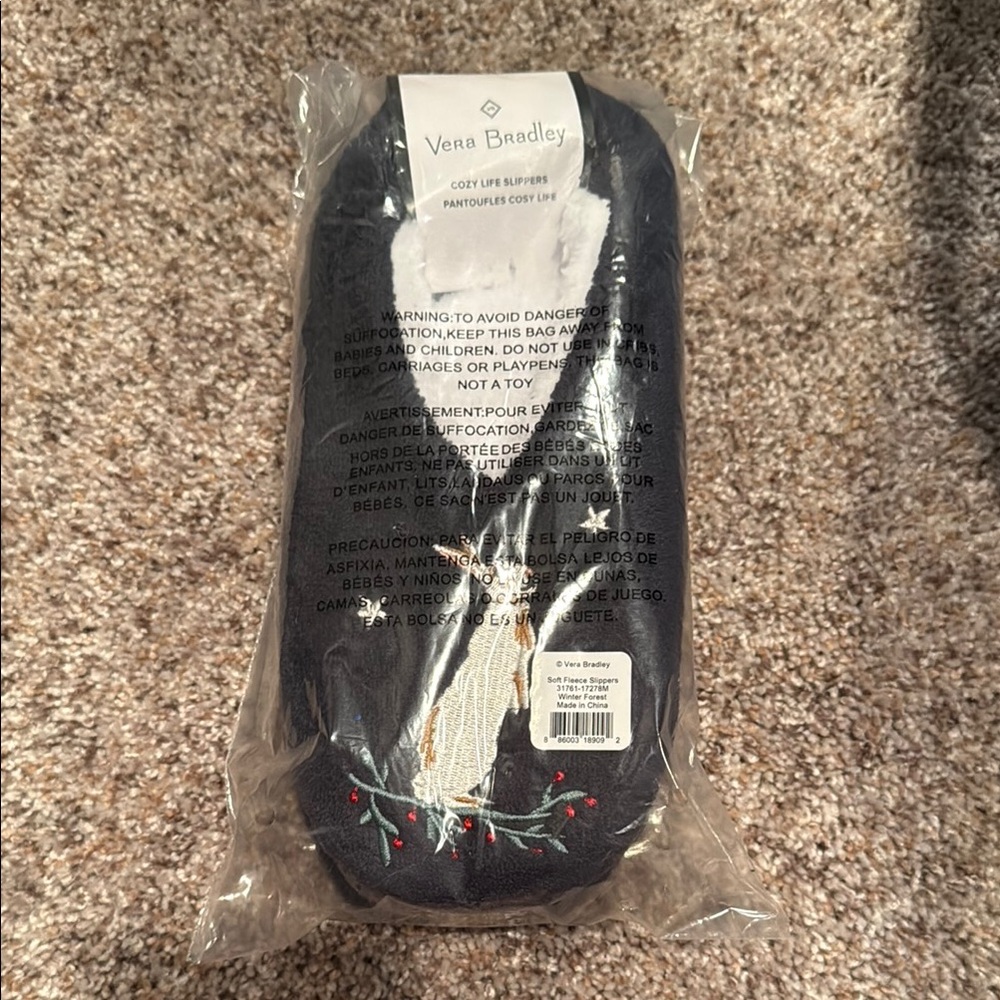 Vera Bradley Navy Soft Fleece Slippers with Bunny, Moon & Stars Embroidery